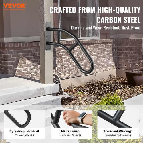 VEVOR 32" Length Handrails for Outdoor Steps, Wall Mount Safety Railings for 1-3 Steps, U-Shaped Handrail with Matte Black Finished, Stair Handrails