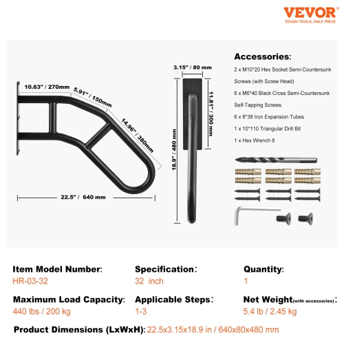 VEVOR 32" Length Handrails for Outdoor Steps, Wall Mount Safety Railings for 1-3 Steps, U-Shaped Handrail with Matte Black Finished, Stair Handrails