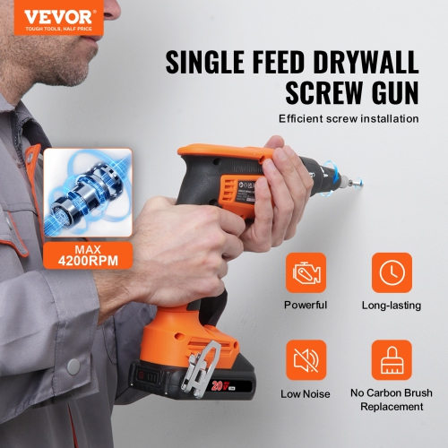 VEVOR 20V Max Drywall Screwgun, 4200RPM Brushless Cordless Drywall Gun Kit with 2 Battery Packs,Charger, Belt Clip, and Tool Bag, Forward and Reverse