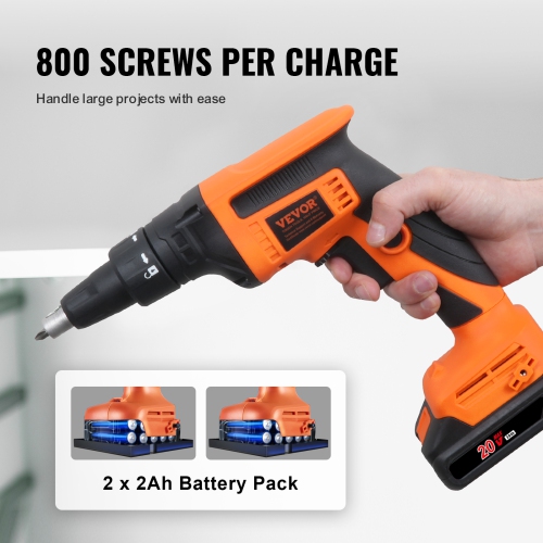 VEVOR 20V Max Drywall Screwgun, 4200RPM Brushless Cordless Drywall Gun Kit with 2 Battery Packs,Charger, Belt Clip, and Tool Bag, Forward and Reverse