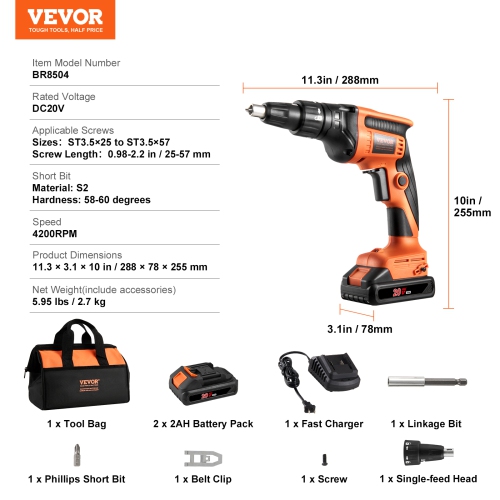 VEVOR 20V Max Drywall Screwgun, 4200RPM Brushless Cordless Drywall Gun Kit with 2 Battery Packs,Charger, Belt Clip, and Tool Bag, Forward and Reverse