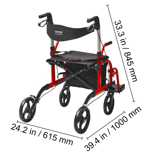 Marchette et chaise de transport 2 en 1 VEVOR pour aînés, ensemble fauteuil roulant roulant roulant et repose-pieds pliants, marchette de mobilité en