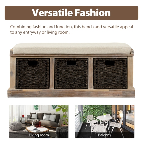YOULIGHTS Entryway Storage Bench Rustic Storage Bench with 3 Removable Basket, Shoe Bench Storage Bench with Removable Cushion for Living Room,