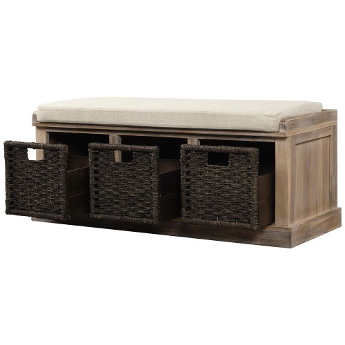 YOULIGHTS Entryway Storage Bench Rustic Storage Bench with 3 Removable Basket, Shoe Bench Storage Bench with Removable Cushion for Living Room,