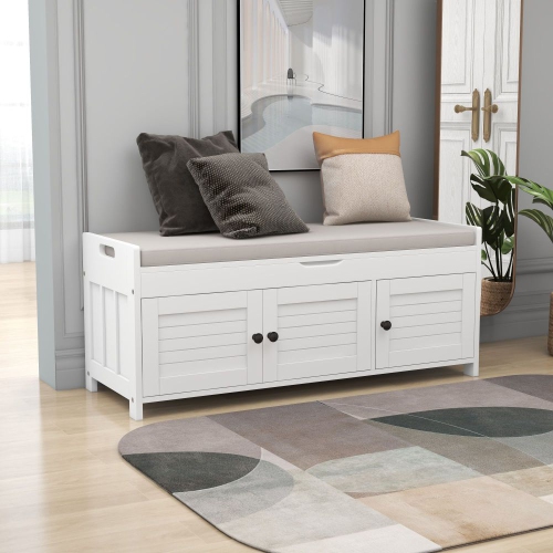 YOULIGHTS  Upholstered Storage Bench, Entryway Shoe Bench \w Removable Cushion And Storage, Wooden Ottoman \w 3 Shutter-Shaped Doors for Entryway