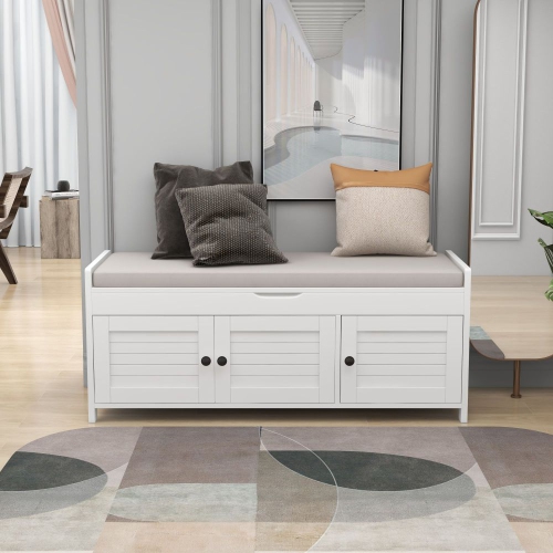 Banc de rangement rembourré YOULIGHTS, banc à chaussures d'entrée avec coussin et rangement amovibles, pouf en bois avec 3 portes en forme de volets