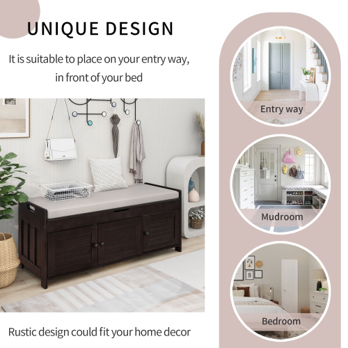 Banc de rangement rembourré YOULIGHTS, banc à chaussures d'entrée avec coussin et rangement amovibles, pouf en bois avec 3 portes en forme de volets