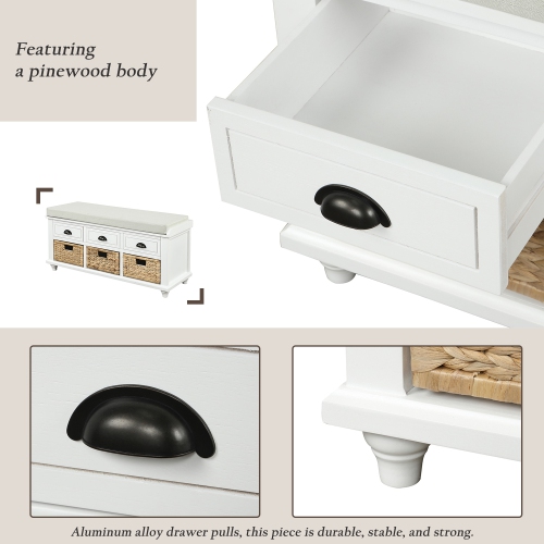 YOULIGHTS – Banc de rangement avec 3 tiroirs, 3 paniers en rotin et coussin amovible pour l'entrée, banc à chaussures à l'extrémité du lit Banc de