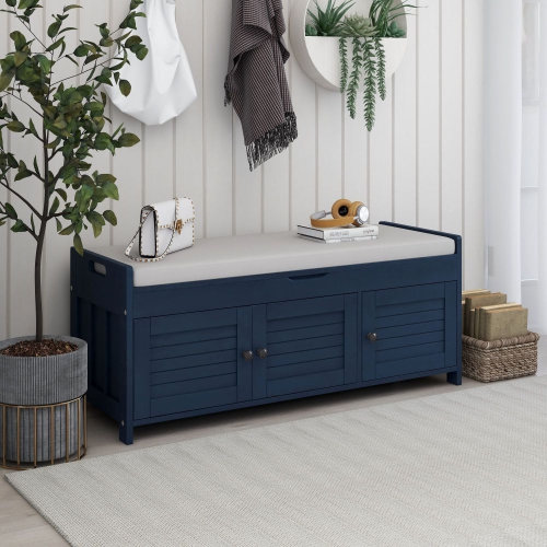 YOULIGHTS Upholstered Storage Bench, Entryway Shoe Bench with Removable Cushion and Storage, Wooden Ottoman with 3 Shutter-Shaped Doors for Entryway,