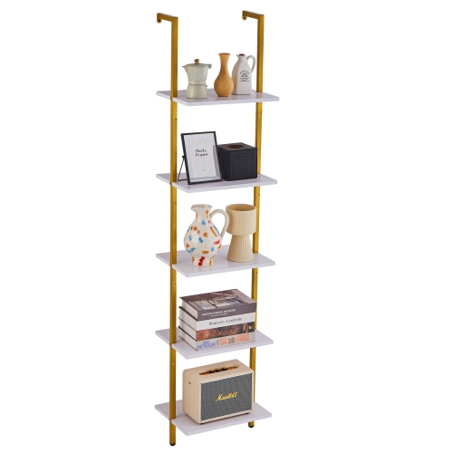 Image 1 of 9.. VEVOR 5-Tier Ladder Shelf, Bookshelf 15.6x11.8in, Open Wall-Mounted Ladder Shelf with Metal Frame,Storage Rack Sundries Holder for Kitchen Bedroom