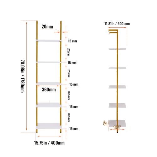 VEVOR 5-Tier Ladder Shelf, Bookshelf 15.6x11.8in, Open Wall-Mounted Ladder Shelf with Metal Frame,Storage Rack Sundries Holder for Kitchen Bedroom