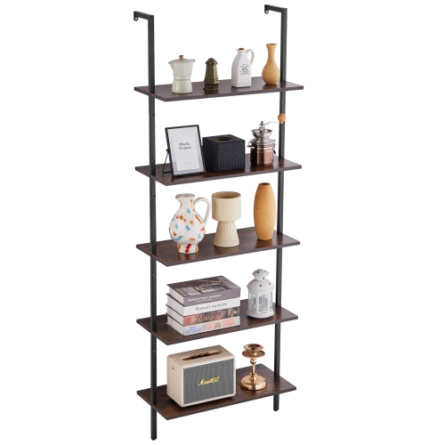 Image 1 of 9.. VEVOR 5-Tier Ladder Shelf, Bookshelf 24x11.8in, Open Wall-Mounted Ladder Shelf with Metal Frame,Storage Rack Sundries Holder for Kitchen Bedroom