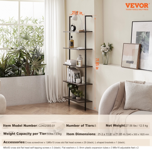 VEVOR 5-Tier Ladder Shelf, Bookshelf 24x11.8in, Open Wall-Mounted Ladder Shelf with Metal Frame,Storage Rack Sundries Holder for Kitchen Bedroom