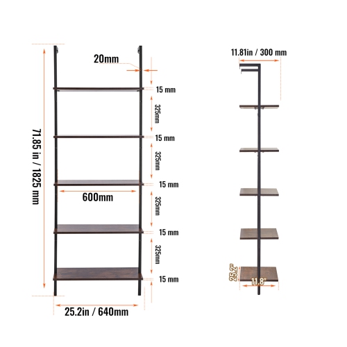 VEVOR 5-Tier Ladder Shelf, Bookshelf 24x11.8in, Open Wall-Mounted Ladder Shelf with Metal Frame,Storage Rack Sundries Holder for Kitchen Bedroom