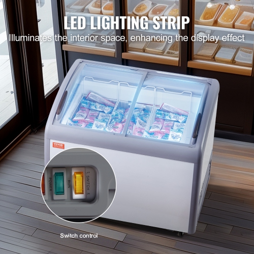 VEVOR 9.3 Cu.ft Commercial Ice Cream Display Case, Chest Freezer, Mobile Glass Top Deep Freezer, Restaurant Gelato Dipping Cabinet with 3 Wire