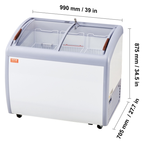 VEVOR 9.3 Cu.ft Commercial Ice Cream Display Case, Chest Freezer, Mobile Glass Top Deep Freezer, Restaurant Gelato Dipping Cabinet with 3 Wire