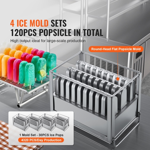 VEVOR 4 Mould Set - 120 PCS Commercial Popsicle Machine, Ice Pops Making Machine, Stainless Steel Commercial Ice Lolly Maker, Ice Sticks Popsicle