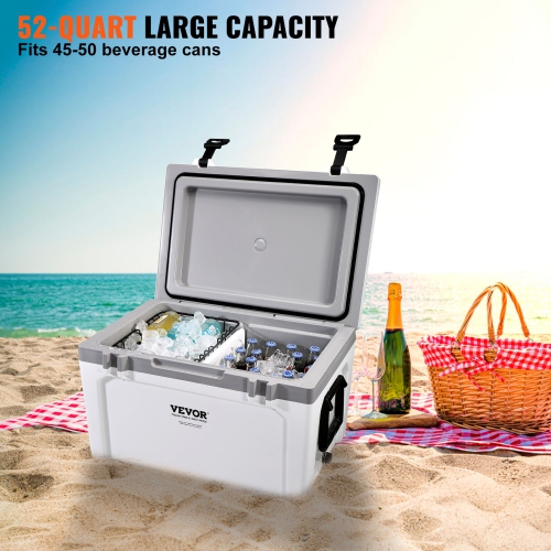 VEVOR 52 qt Insulated Portable Cooler, Holds 50 Cans, Ice Retention Hard Cooler with Heavy Duty Handle, Ice Chest Lunch Box for Camping, Beach,