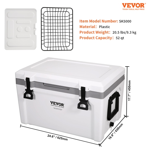 VEVOR 52 qt Insulated Portable Cooler, Holds 50 Cans, Ice Retention Hard Cooler with Heavy Duty Handle, Ice Chest Lunch Box for Camping, Beach,