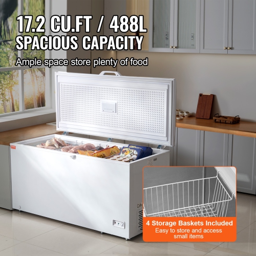 VEVOR 17.2 cu.ft / 488 L Chest Freezer, Large Deep Freezer & 4 Removable Baskets,Freestanding Top Open Door Commercial Chest Freezers,7-Level