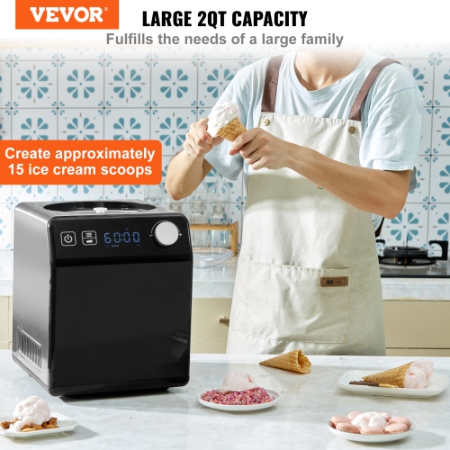 VEVOR 2 Quart Upright Automatic Ice Cream Maker with Built-in Compressor, No Pre-freezing Fruit Yogurt Machine, Stainless Steel Electric Sorbet
