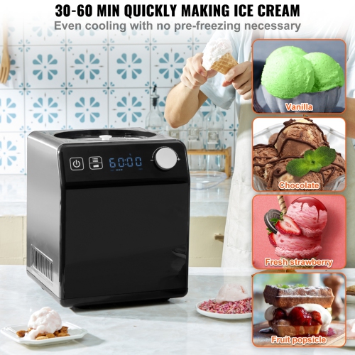 VEVOR 2 Quart Upright Automatic Ice Cream Maker with Built-in Compressor, No Pre-freezing Fruit Yogurt Machine, Stainless Steel Electric Sorbet