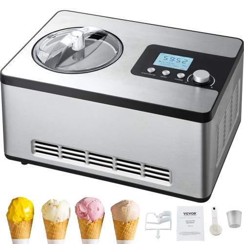 VEVOR 2 Quart Automatic Ice Cream Maker with Built-in Compressor, No Pre-freezing Fruit Yogurt Machine, Stainless Steel Electric Sorbet Maker, 3