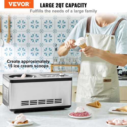 VEVOR 2 Quart Automatic Ice Cream Maker with Built-in Compressor, No Pre-freezing Fruit Yogurt Machine, Stainless Steel Electric Sorbet Maker, 3