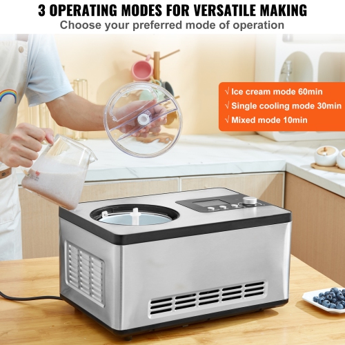 VEVOR 2 Quart Automatic Ice Cream Maker with Built-in Compressor, No Pre-freezing Fruit Yogurt Machine, Stainless Steel Electric Sorbet Maker, 3