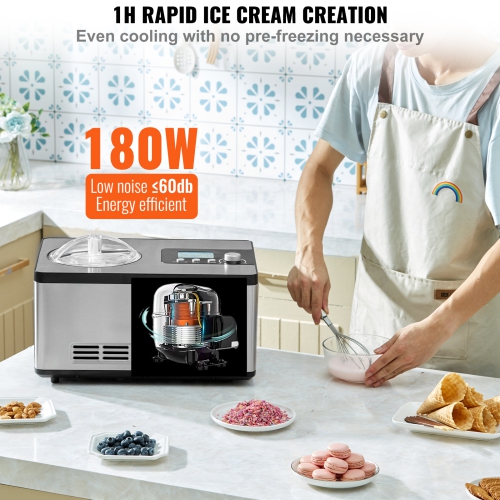 VEVOR 2 Quart Automatic Ice Cream Maker with Built-in Compressor, No Pre-freezing Fruit Yogurt Machine, Stainless Steel Electric Sorbet Maker, 3