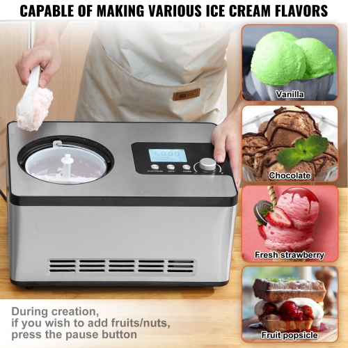 VEVOR 2 Quart Automatic Ice Cream Maker with Built-in Compressor, No Pre-freezing Fruit Yogurt Machine, Stainless Steel Electric Sorbet Maker, 3