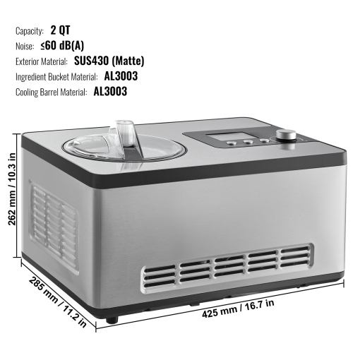 VEVOR 2 Quart Automatic Ice Cream Maker with Built-in Compressor, No Pre-freezing Fruit Yogurt Machine, Stainless Steel Electric Sorbet Maker, 3