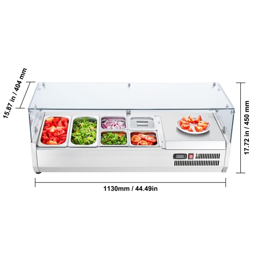 VEVOR 135 W Refrigerated Condiment Prep Station, Countertop Refrigerated Condiment Station, with 2 1/3 Pans & 4 1/6 Pans, 304 Stainless Body and PC