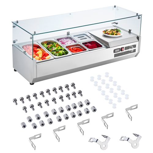 VEVOR 135 W Refrigerated Condiment Prep Station, Countertop Refrigerated Condiment Station, with 2 1/3 Pans & 4 1/6 Pans, 304 Stainless Body and PC