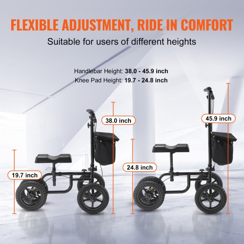 VEVOR 350LBS Knee Scooter,Carbon Steel Knee Walker with Height-Adjustable Handlebar & Knee Pad, 12" All-Terrain Wheel,Dual Brakes, Leg Recovery