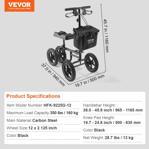 VEVOR 350LBS Knee Scooter,Carbon Steel Knee Walker with Height-Adjustable Handlebar & Knee Pad, 12" All-Terrain Wheel,Dual Brakes, Leg Recovery
