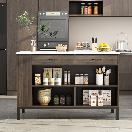 Famapy Brown Composite Kitchen Island with MDF Base and Storage, 2 Drawers & Open Shelf, Dark Brown