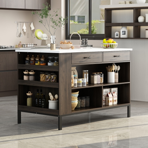 Famapy Brown Composite Kitchen Island with MDF Base and Storage, 2 Drawers & Open Shelf, Dark Brown