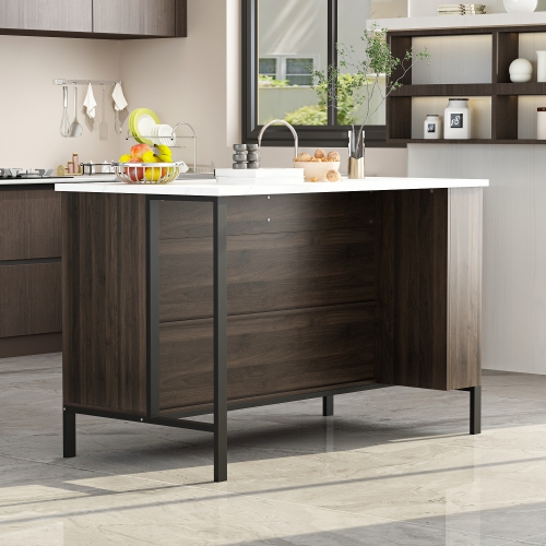 Famapy Brown Composite Kitchen Island with MDF Base and Storage, 2 Drawers & Open Shelf, Dark Brown