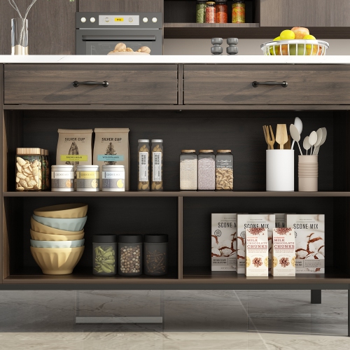 Famapy Brown Composite Kitchen Island with MDF Base and Storage, 2 Drawers & Open Shelf, Dark Brown