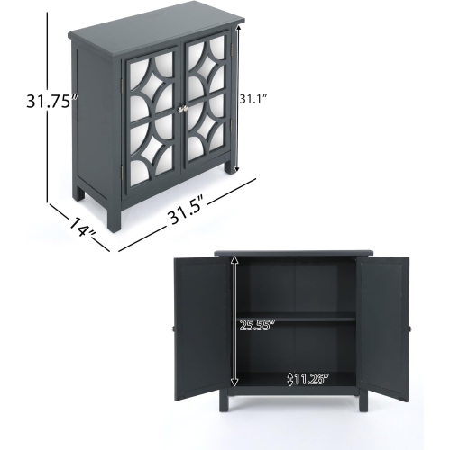 YOULIGHTS Firwood Double Door Storage Cabinet with Mirrored Panels, Storage Cabinet with Solid Wood Legs for Living Room, entryway, 81 x 80 x 36 cm,