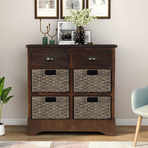 YOULIGHTS Farmhouse Accent Storage Cabinet,Wicker Basket Storage Cabinet with 2 Drawers and 4 Baskets for Kitchen,Dining Room,Espresso
