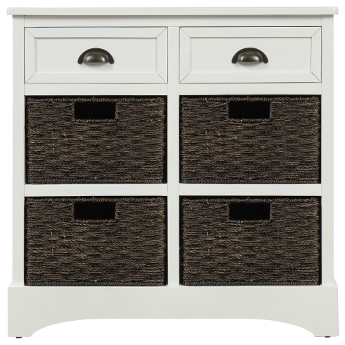YOULIGHTS Farmhouse Accent Storage Cabinet,Wicker Basket Storage Cabinet with 2 Drawers and 4 Baskets for Kitchen,Dining Room,White