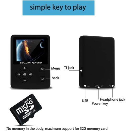 Black ultra-thin MP4 player - 16GB TF card included | MP3/AMV playback | Music player | Lightweight and portable Walkman