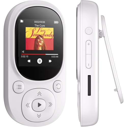 Bluetooth 5.0 MP3 player - mini card p3 player - clip-on sports design, pedometer/recorder/FM radio [white 64GB]