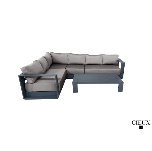 CIEUX Lyon 2 Piece Outdoor Patio Aluminum Metal L-Shaped Sectional Sofa and Coffee Table Set in Midnight Grey with Sunbrella Cushions