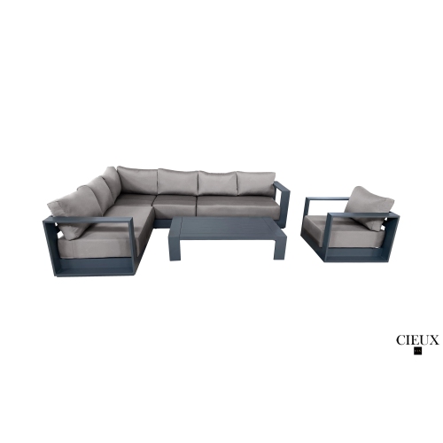 CIEUX Lyon 3 Piece Outdoor Patio Aluminum Metal L-Shaped Sectional Sofa, Coffee Table and Club Chair Set in Midnight Grey with Sunbrella Cushions