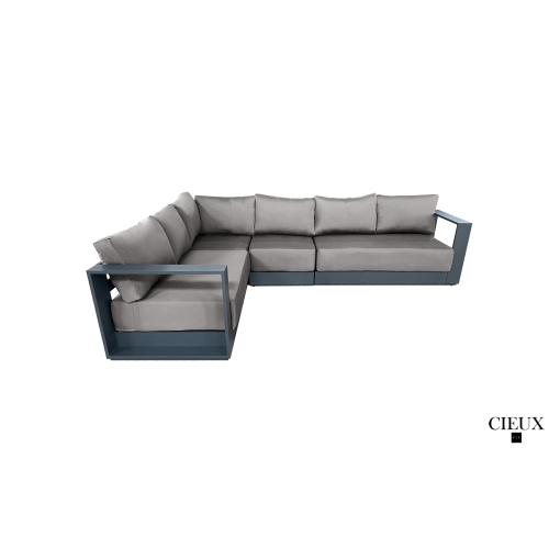CIEUX Lyon 3 Piece Outdoor Patio Aluminum Metal L-Shaped Sectional Sofa, Coffee Table and Club Chair Set in Midnight Grey with Sunbrella Cushions
