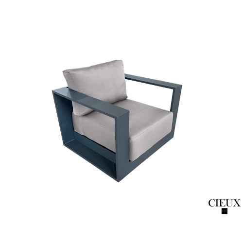 CIEUX Lyon 3 Piece Outdoor Patio Aluminum Metal L-Shaped Sectional Sofa, Coffee Table and Club Chair Set in Midnight Grey with Sunbrella Cushions