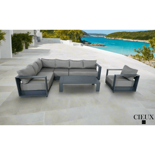 CIEUX  Lyon 3 Piece Outdoor Patio Aluminum Metal L-Shaped Sectional Sofa, Coffee Table And Club Chair Set In Midnight w Sunbrella Cushions (Canvas